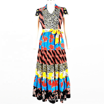 Costom Chiffon Digital Printed Long Dress Colorful Dresses With Sashes For Women